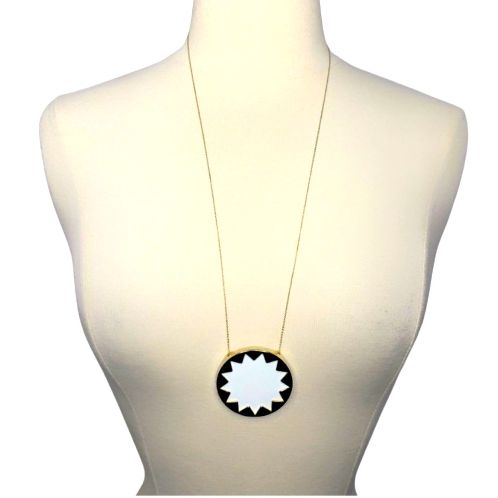 White Leather Gold Sunburst Pendant Necklace